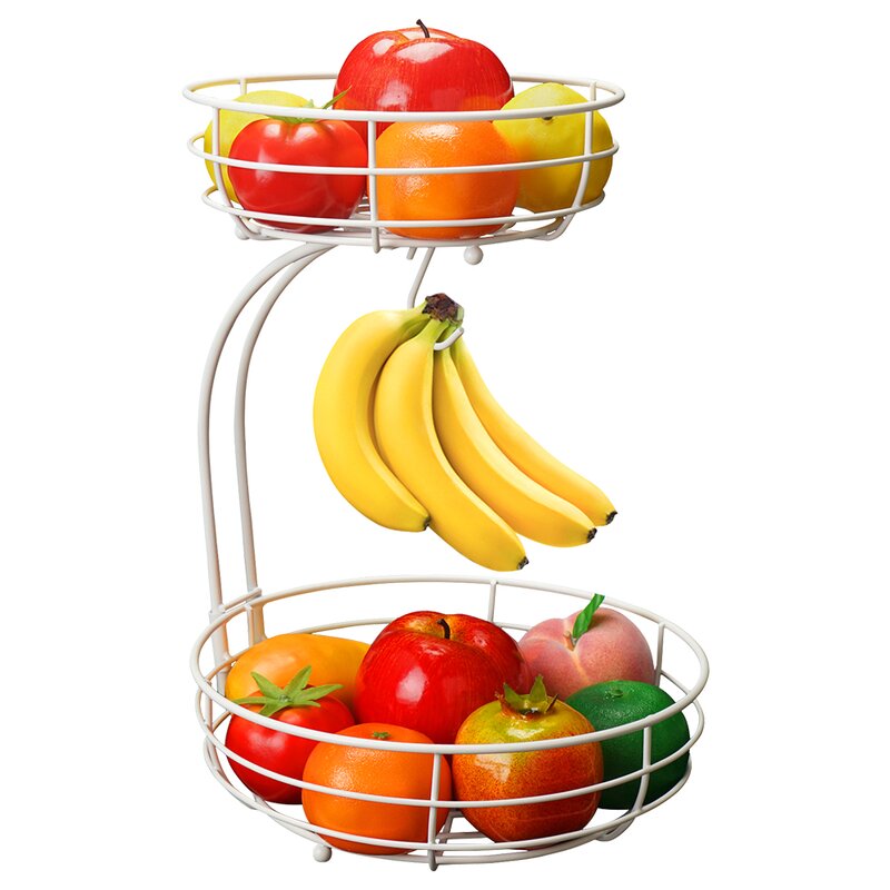 2 Tier Countertop Fruit Basket Bowl With Banana Hanger For Kitchen, Dining Table, Chrome,White 